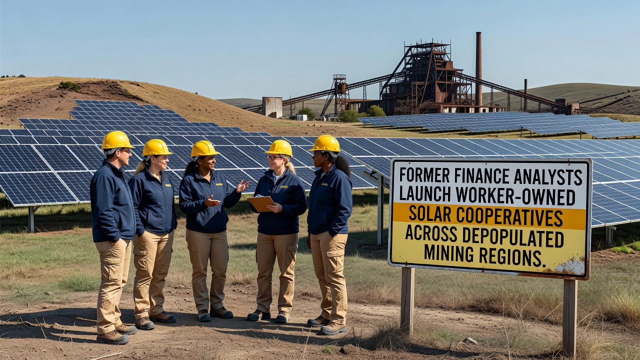 Solar panels installed on reclaimed mining land with cooperative members conducting maintenance checks